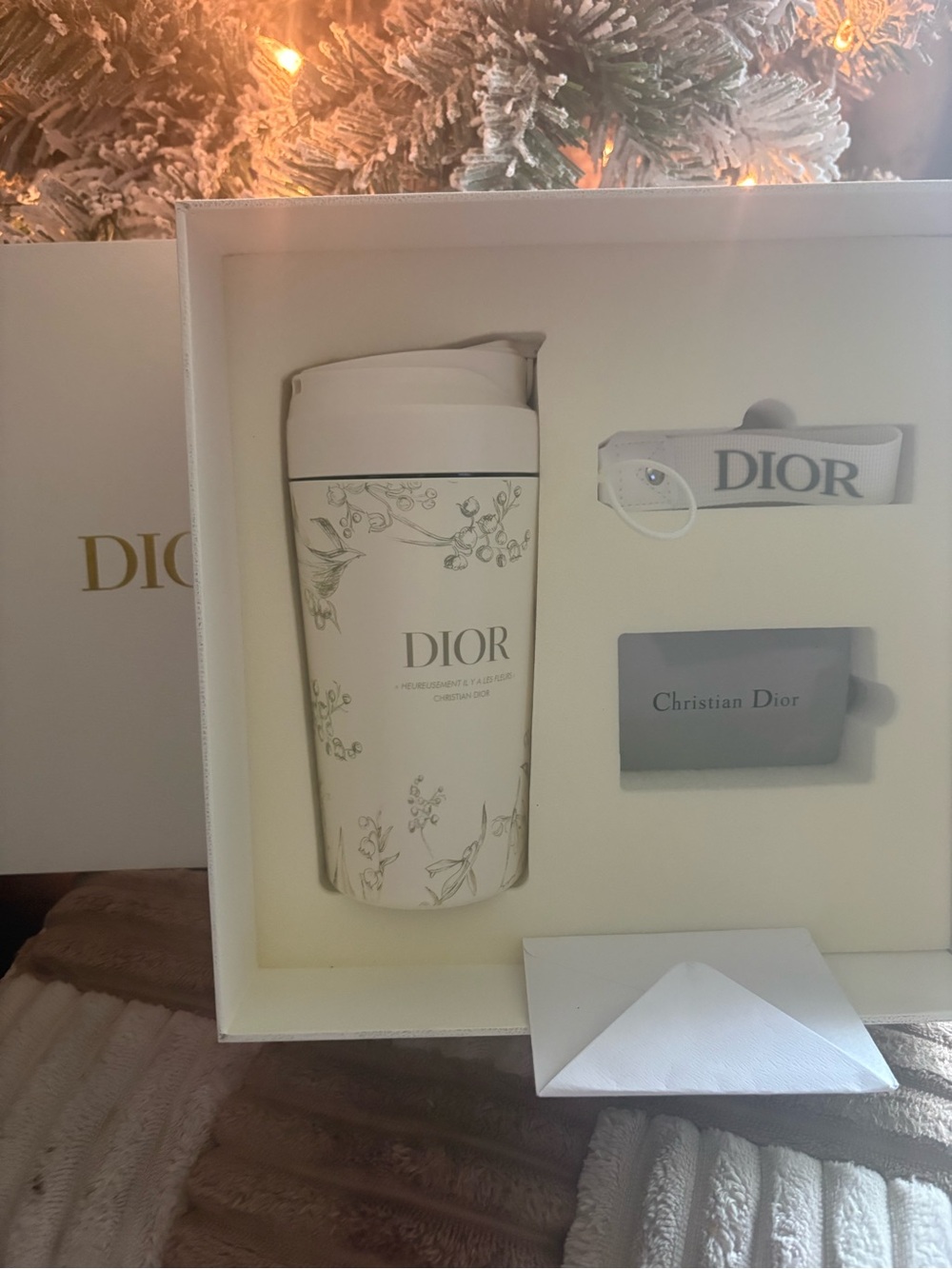 Dior White and Gray Floral ceramic Travel Mug Set with Branded Strap